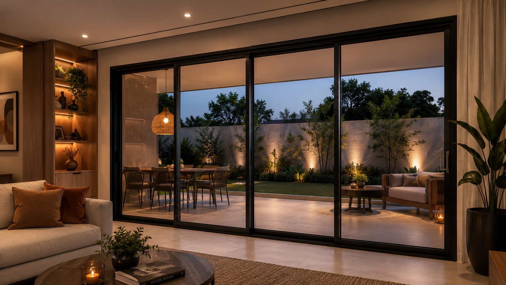 Ambiente residencial com esquadrias de alumínio pretas integrando sala e varanda