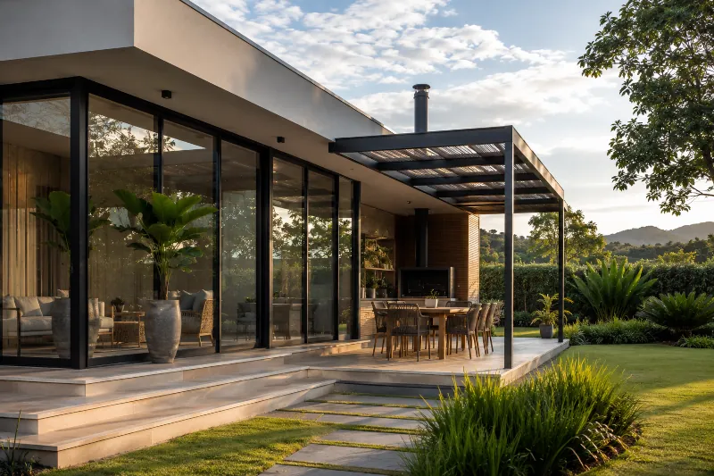 Casa residencial finalizada com esquadrias de alumínio pretas na fachada